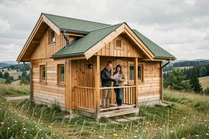 Couple examinant les documents légaux devant un chalet en bois sur terrain non constructible en zone rurale
