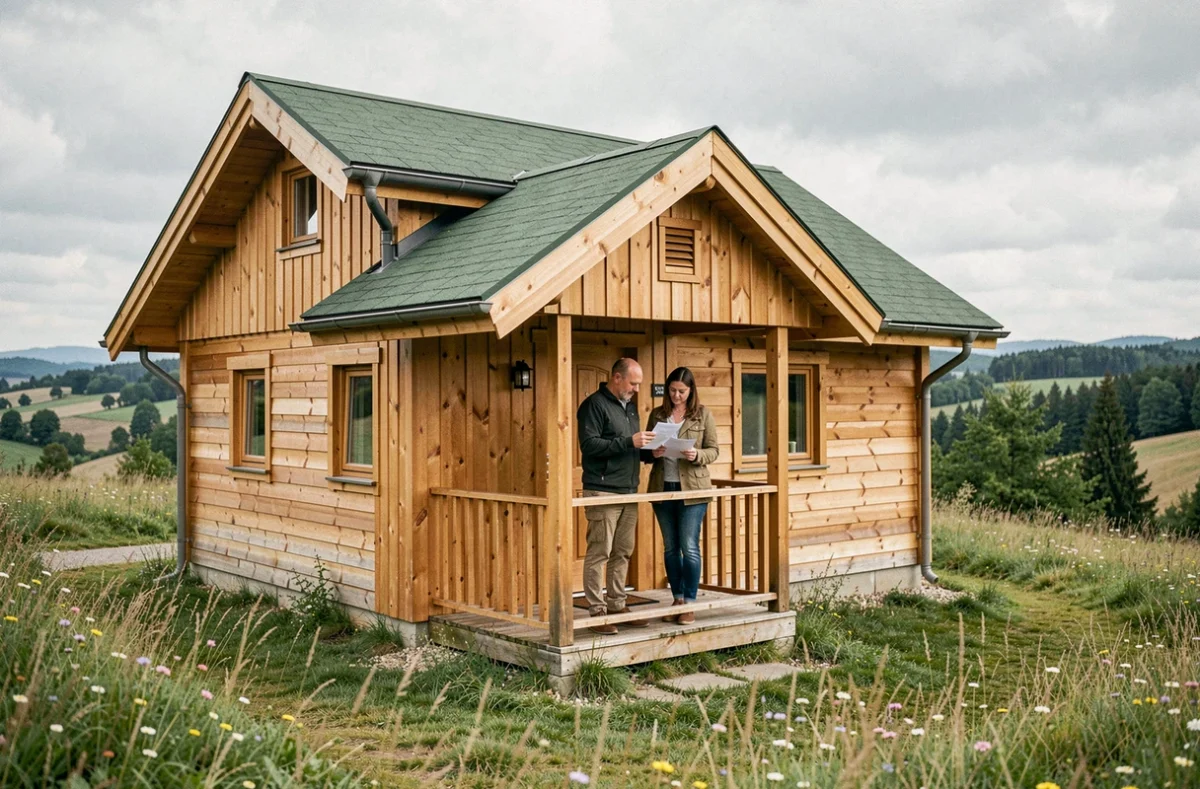 Couple examinant les documents légaux devant un chalet en bois sur terrain non constructible en zone rurale