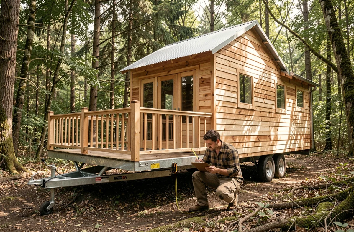 Homme mesurant un chalet mobile sur roues installé en lisière de forêt sur un terrain non constructible