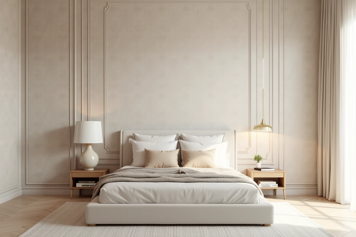 Chambre élégante avec mur recouvert d'un papier peint beige texturé motif damassé et tête de lit en lin