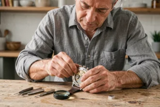 Homme changeant lui-même la pile de sa montre à domicile avec des outils de précision sur un établi en bois