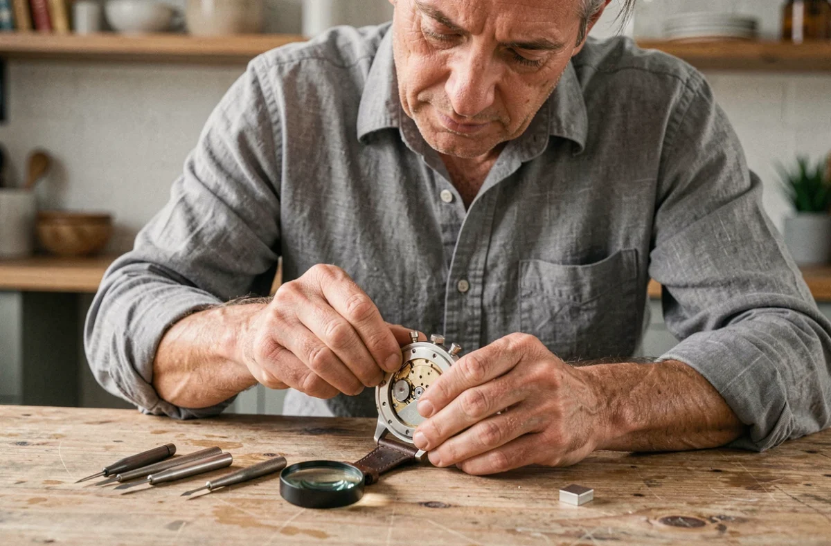 Homme changeant lui-même la pile de sa montre à domicile avec des outils de précision sur un établi en bois