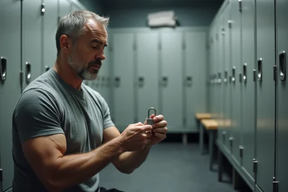 Homme essayant de changer le code d'un cadenas 3 chiffres sur un casier de vestiaire de salle de sport