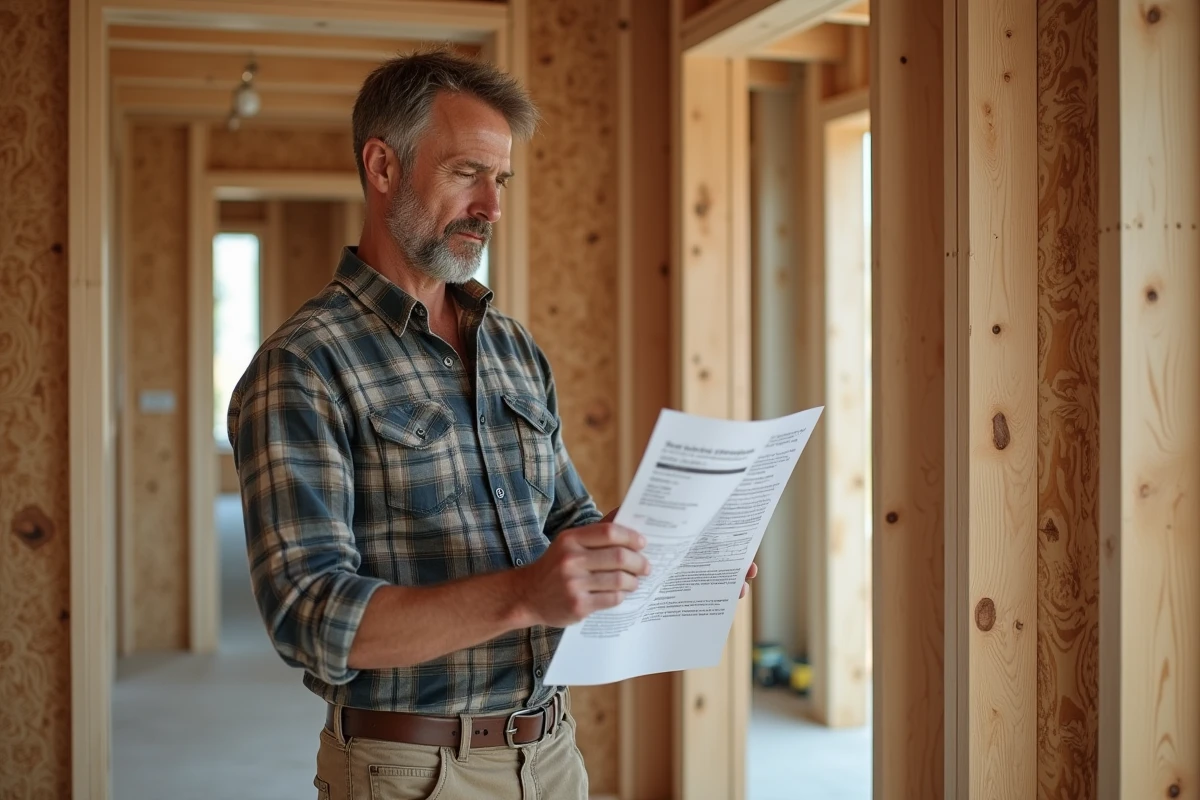 Professionnel du bâtiment vérifiant les données techniques d'une isolation en fibre de bois sur chantier