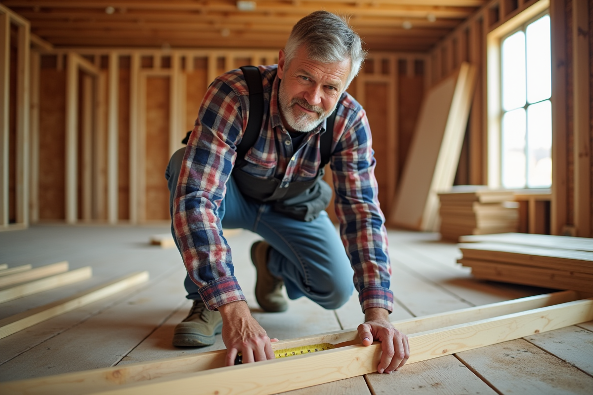 Charpentier mesurant une poutre en construction