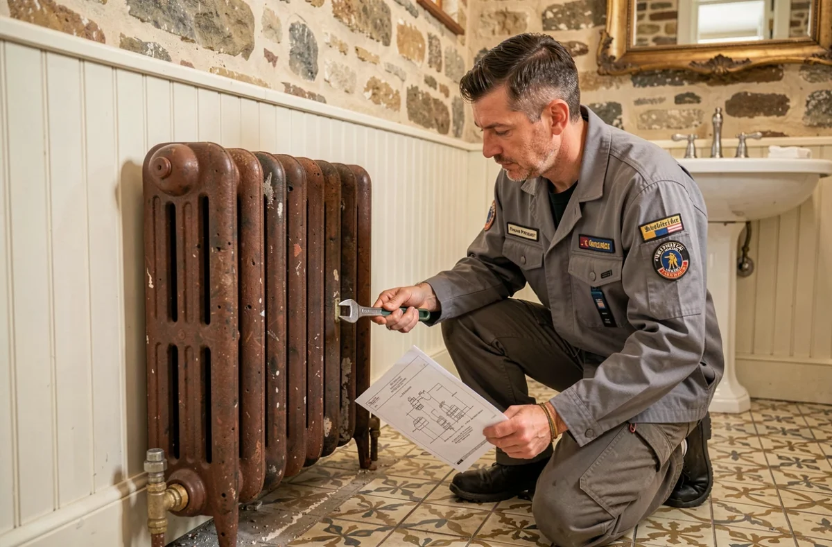 Technicien de Chauffage Traditionnel Du Gard CTG installant un radiateur fonte dans une salle de bain ancienne rénovée