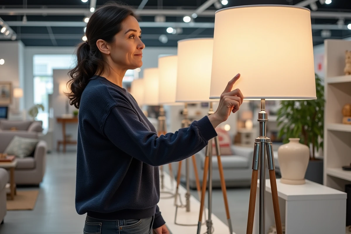 Femme choisissant une lampe halogène sur pied dans un magasin de meubles avec plusieurs modèles exposés