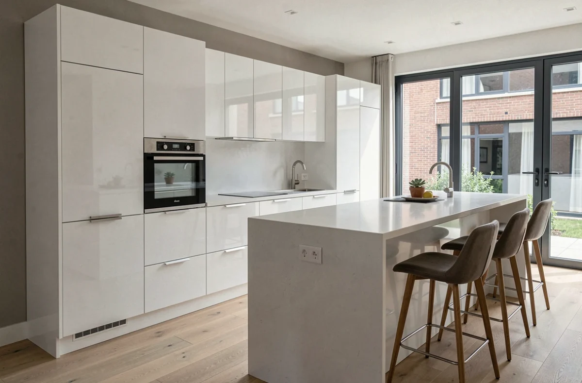 Cuisine contemporaine blanche avec îlot central réalisée par CL Design, cuisiniste à Orléans
