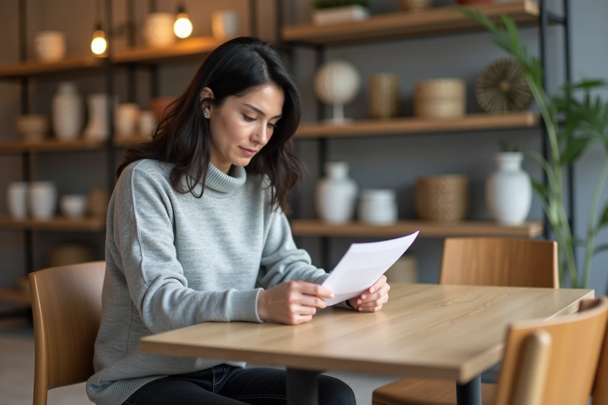 Femme lisant attentivement un document de garantie meuble chez BUT avant d'effectuer un achat