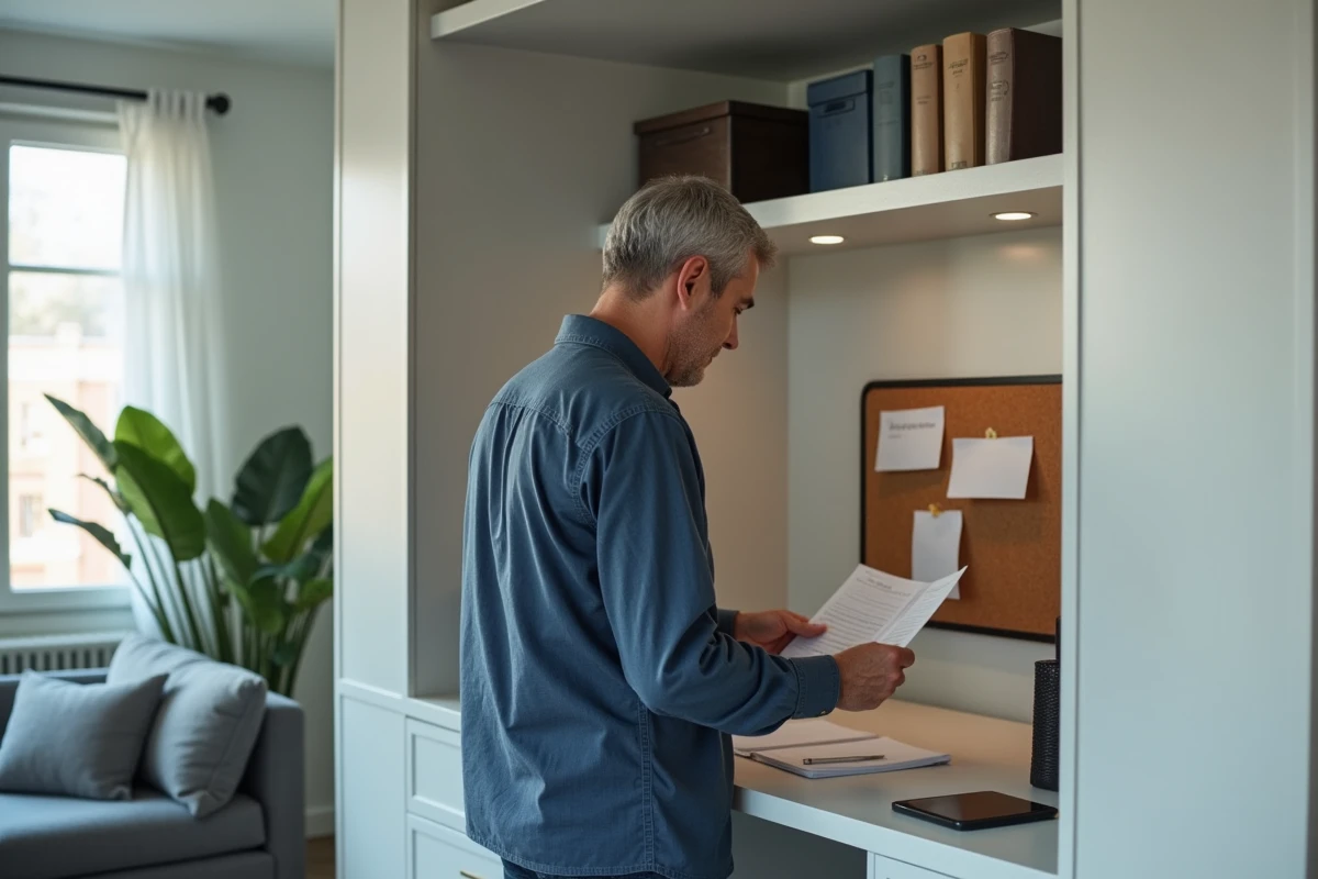 Coin bureau fonctionnel avec meuble d'angle blanc intégré dans un petit appartement moderne
