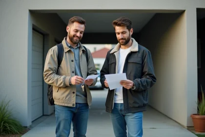 Deux colocataires devant un box garage résidentiel tenant des clés et un contrat de location
