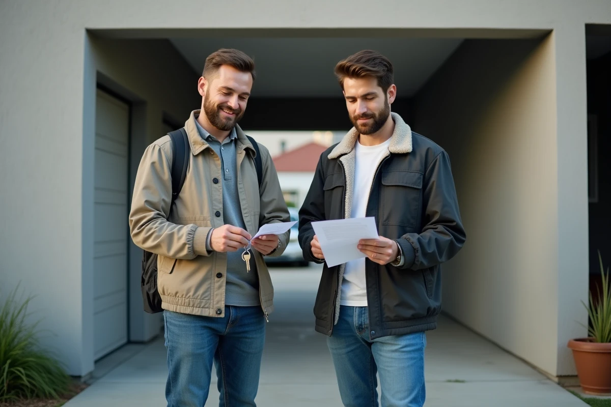 Deux colocataires devant un box garage résidentiel tenant des clés et un contrat de location