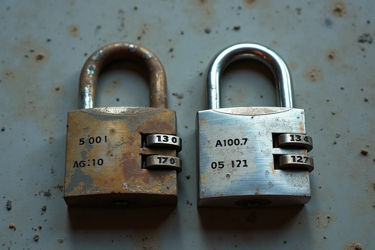 Comparaison entre un cadenas 3 chiffres usé et corrodé à remplacer et un cadenas neuf posés sur une surface en béton