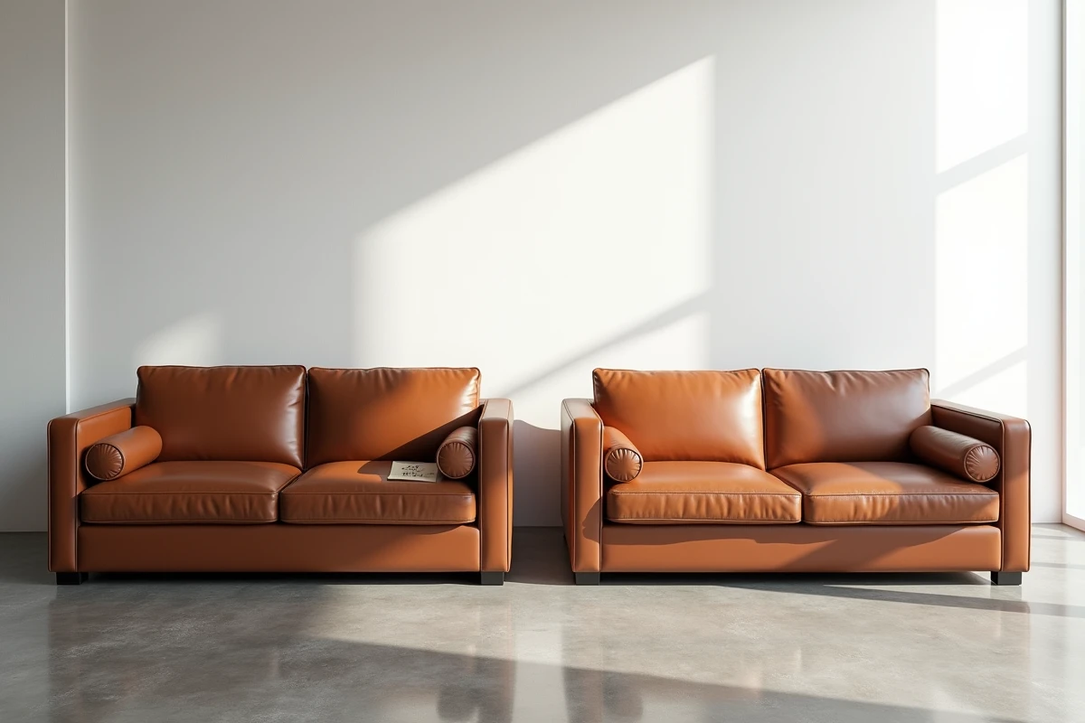 Comparaison entre un canapé en cuir aniline et un canapé en cuir pigmenté dans un showroom de design, illustrant les différences de finition et de prix