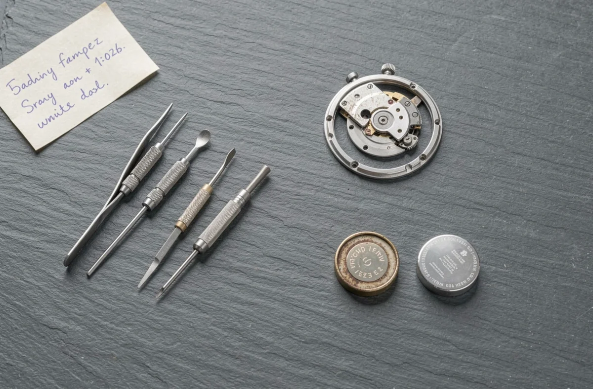 Vue en plongée d'outils d'horlogerie et de piles de montre neuves et usagées pour comparer le coût du changement