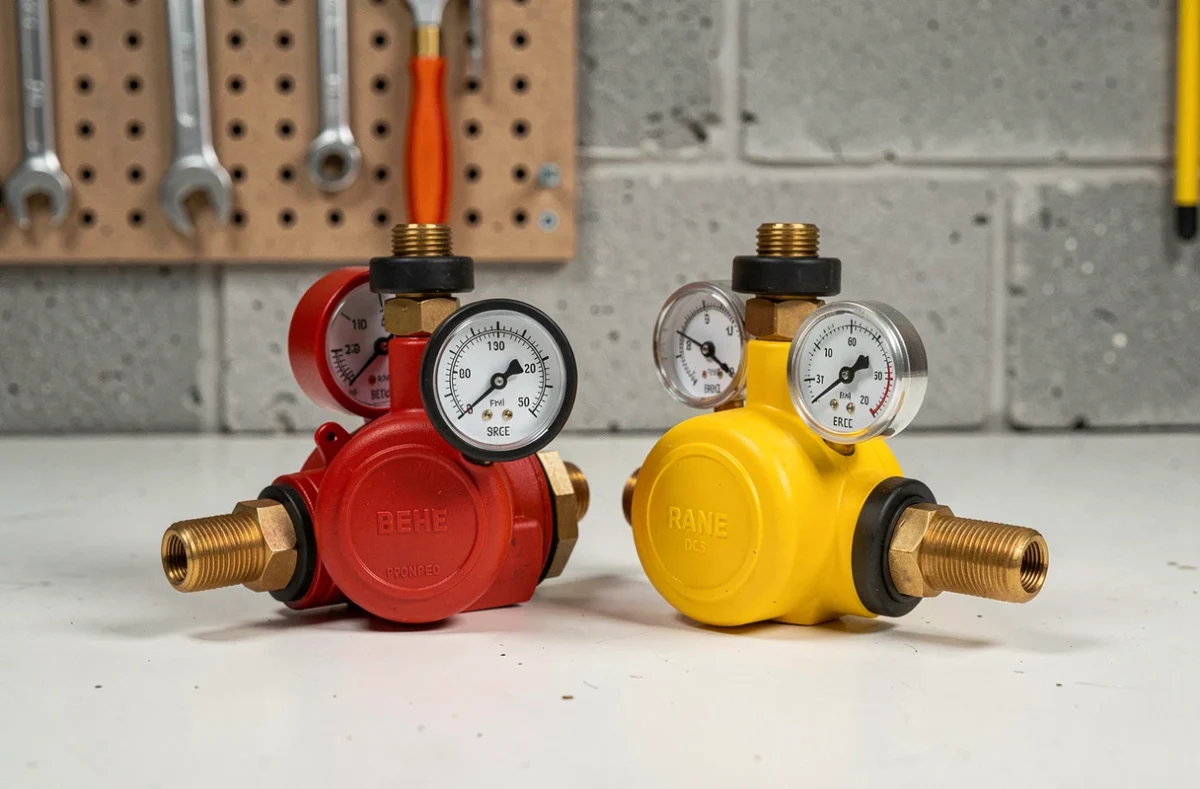 Comparaison côte à côte d'un détendeur propane rouge et d'un détendeur butane jaune sur un établi d'atelier
