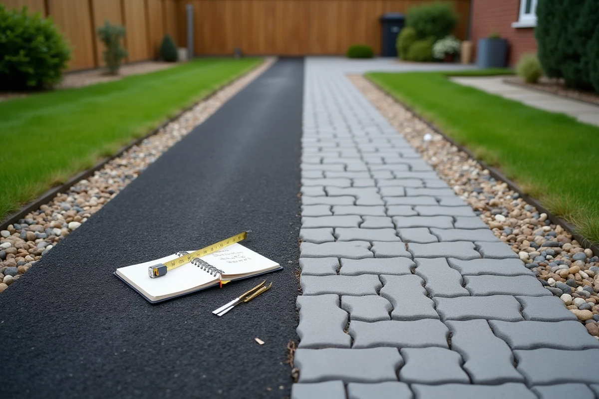 Comparaison côte à côte d'une allée en enrobé drainant et d'une allée en pavés perméables avec mètre ruban pour estimation du prix au m2