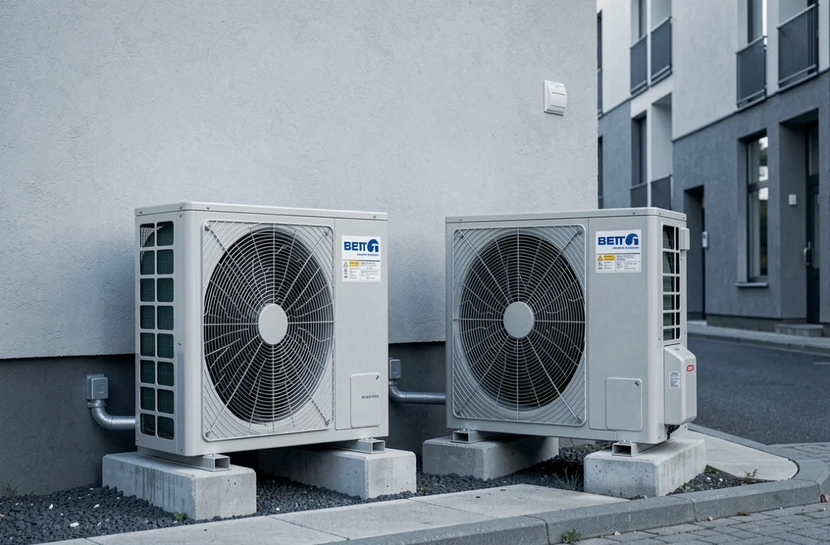 Comparaison de deux pompes à chaleur de marques différentes installées en extérieur d'un immeuble