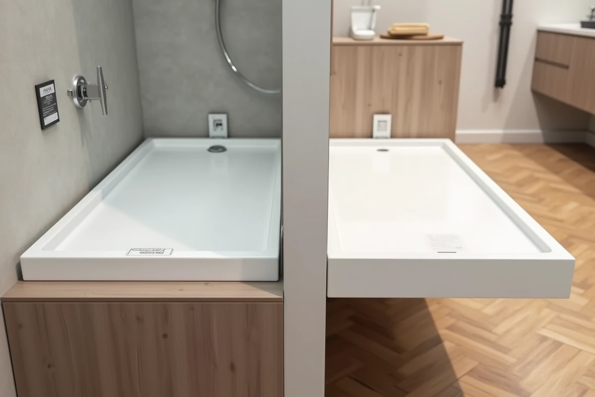 Comparaison d'un receveur de douche extra plat à encastrer et d'un modèle à poser exposés en showroom de salle de bain