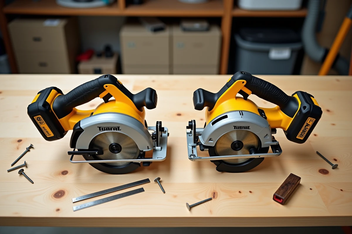 Comparaison côte à côte des scies circulaires Lidl 12V et 20V en vue à plat