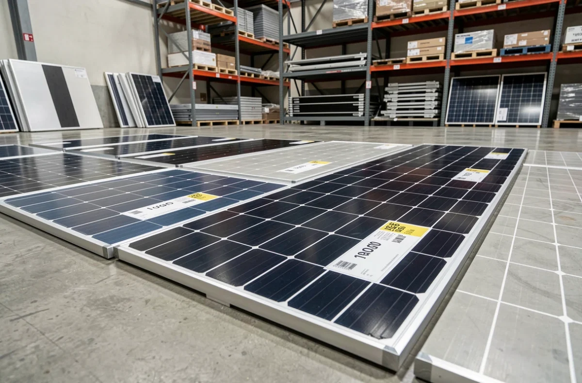 Comparaison de différents types de panneaux photovoltaïques en showroom avec étiquettes de prix