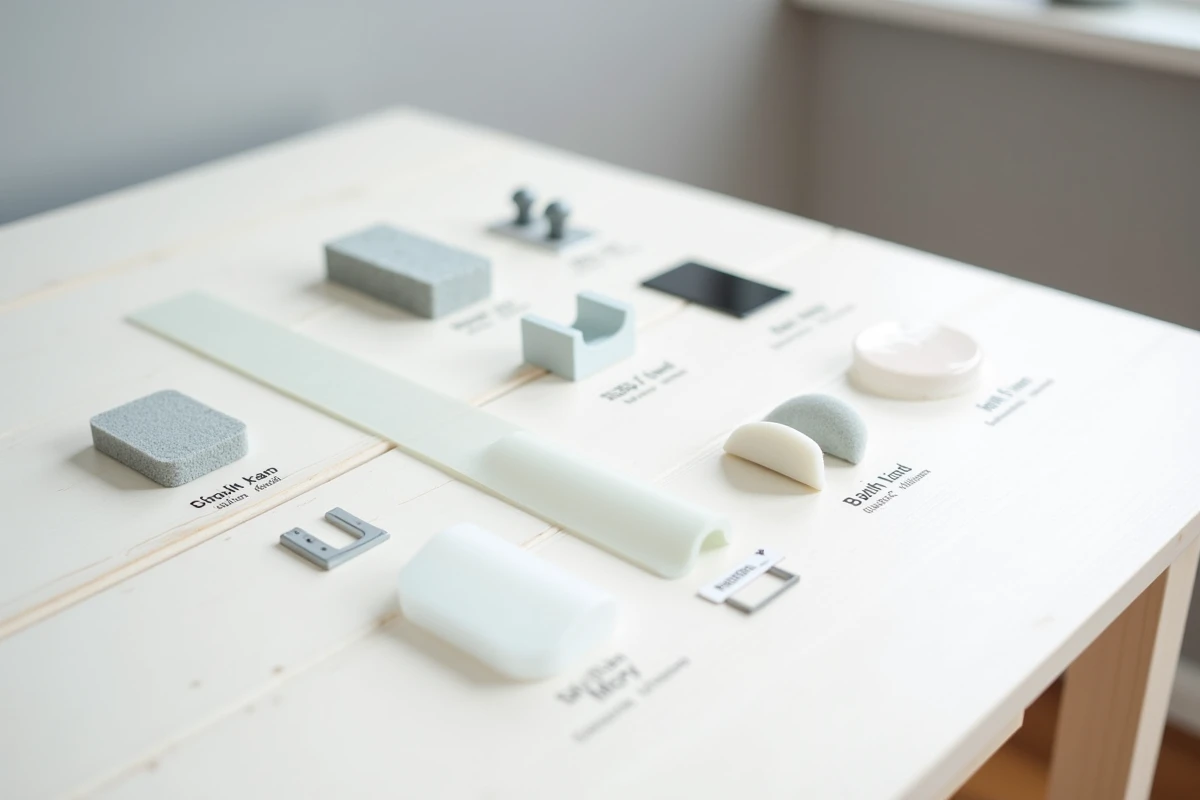 Comparatif de plusieurs modèles de pinces doigt pour portes disposés en flat lay sur fond blanc, incluant mousse, silicone et protecteurs de charnières