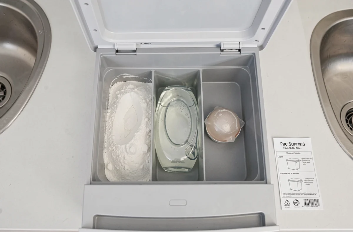 Tiroir de lave-linge ouvert montrant les trois compartiments remplis de lessive, adoucissant et produit de prélavage correctement dosés