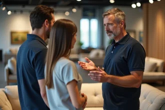 Conseiller de vente en magasin BUT expliquant les garanties d'un canapé à un couple de clients dans un showroom de meubles