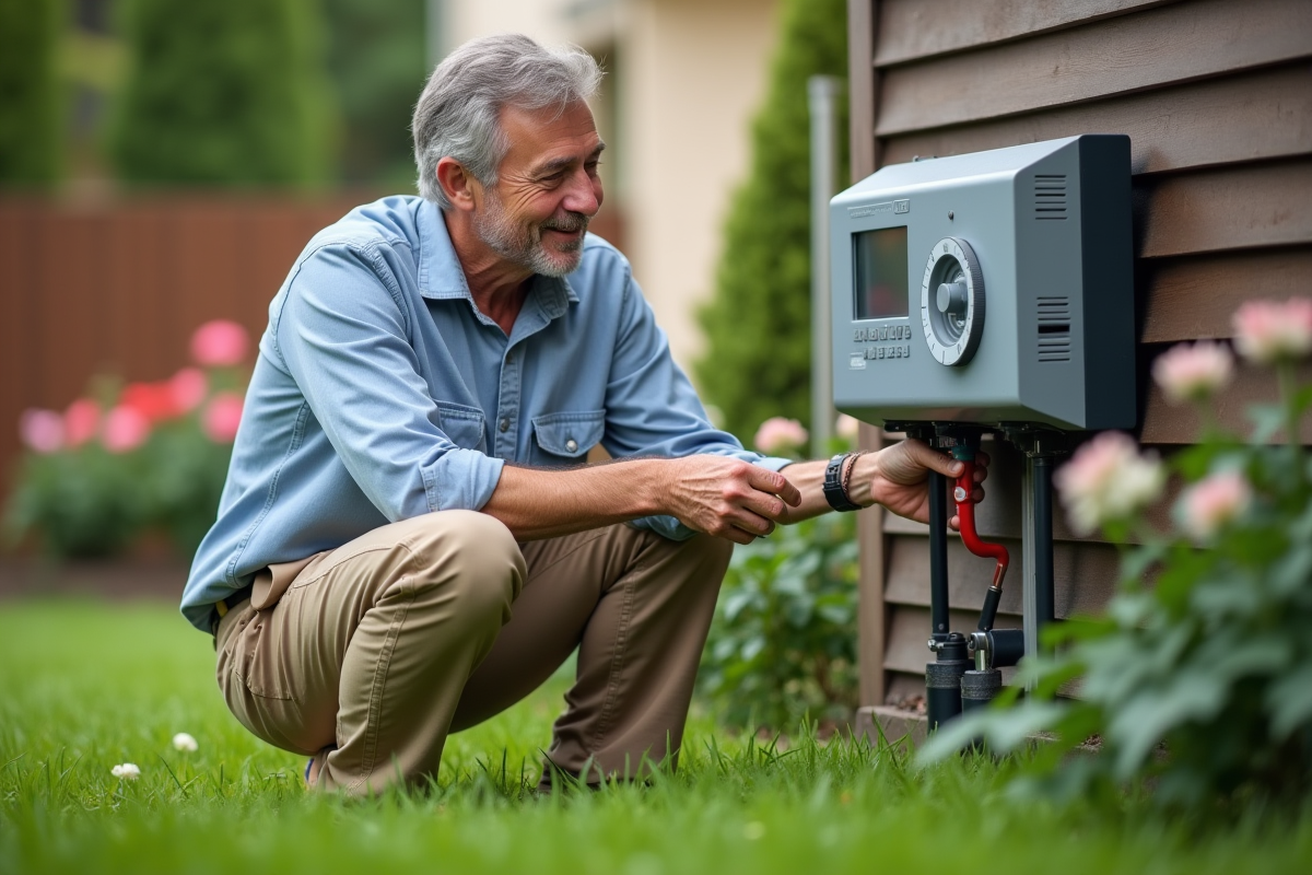 Homme examinant le panneau de contrôle du système d'arrosage