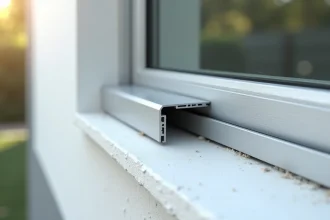 Cornière aluminium extérieure installée sur un encadrement de fenêtre avec finition anodisée argentée sur façade enduite blanche