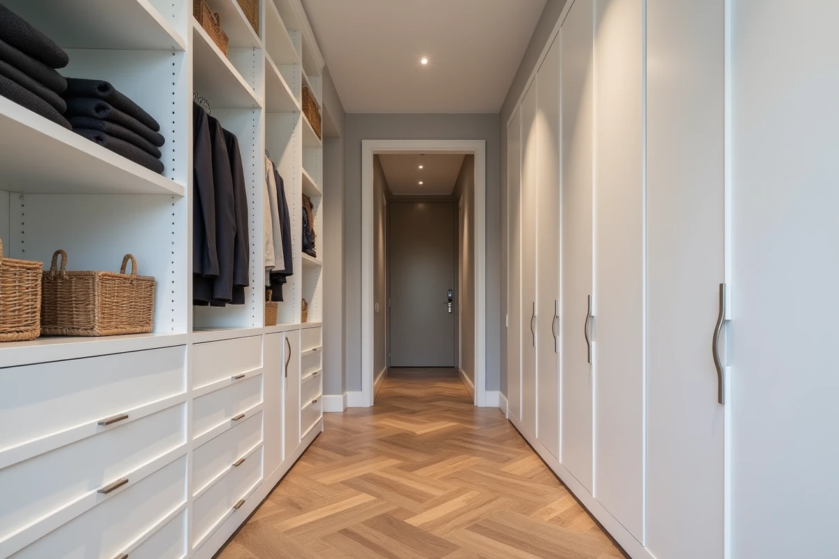 Couloir d'appartement haussmannien transformé en dressing sur mesure avec armoires blanches intégrées du sol au plafond et parquet en chevrons