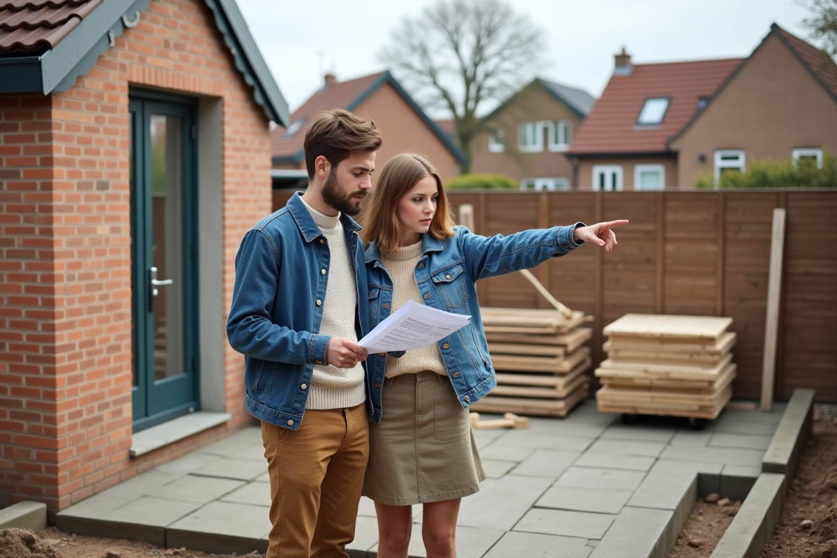 Jeune couple discutant devant leur extension en construction