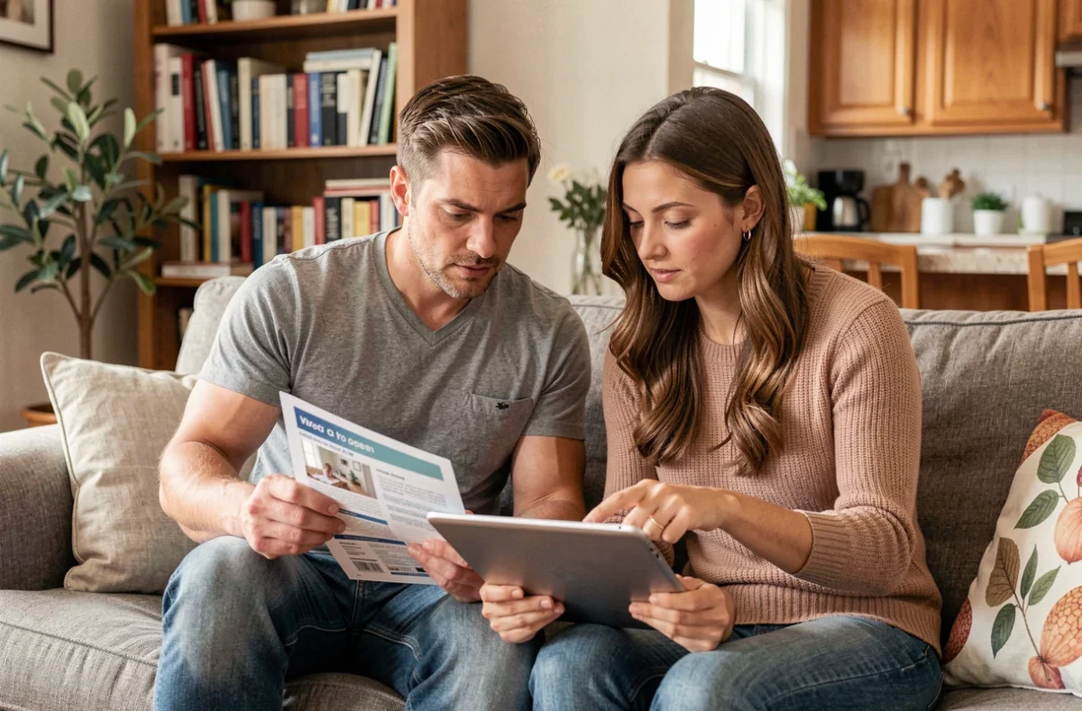 Couple comparant les offres d'alarme Homiris et Verisure sur tablette dans leur salon