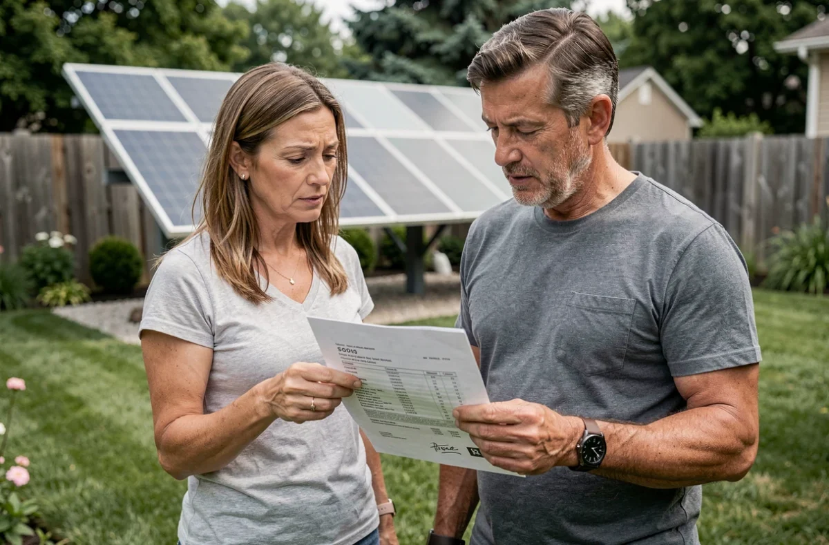 Couple examinant un devis pour l'installation de panneaux solaires dans leur jardin