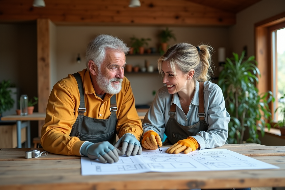 Couple discutant de plans de maison écologique à l'intérieur