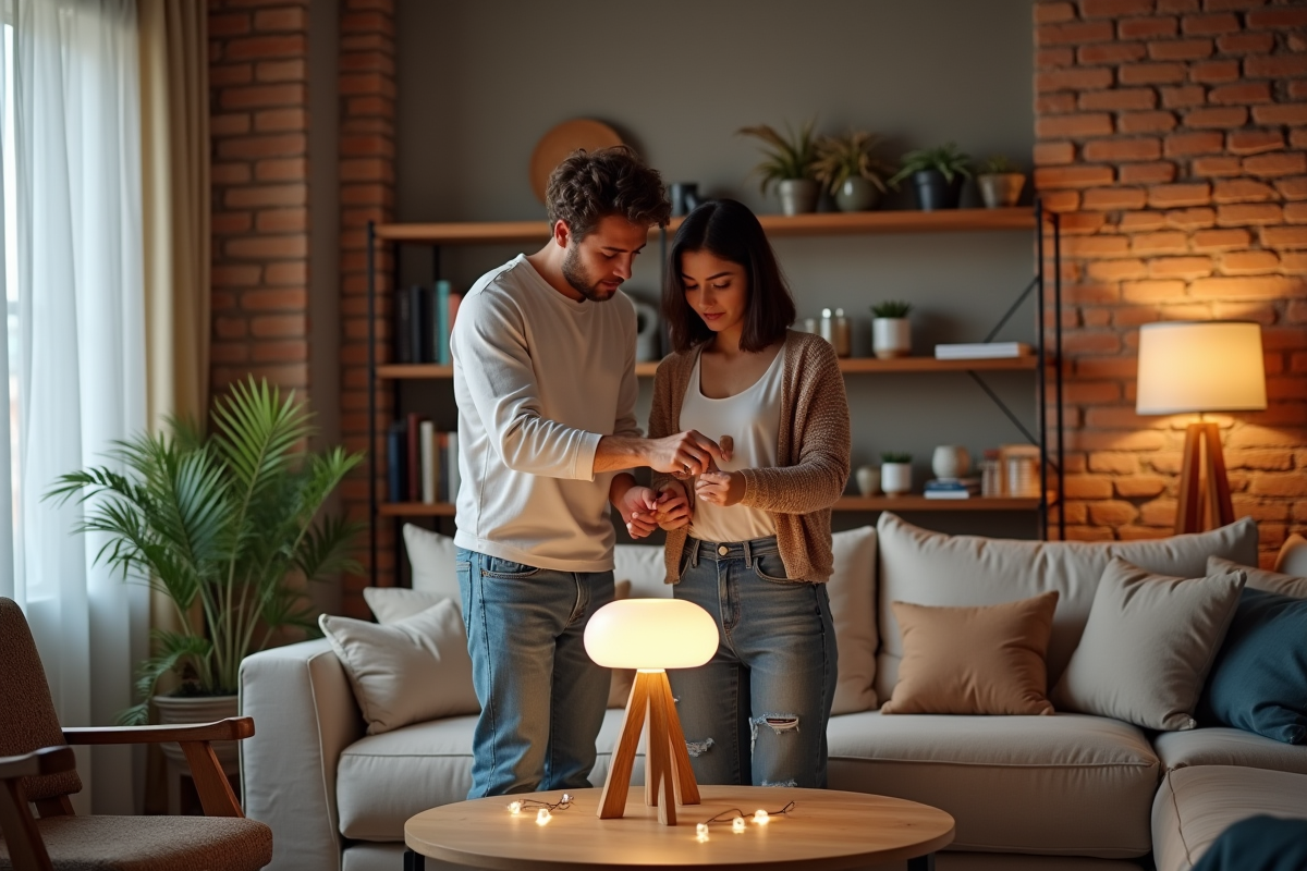Jeune couple arrangeant des lampes dans un appartement cosy