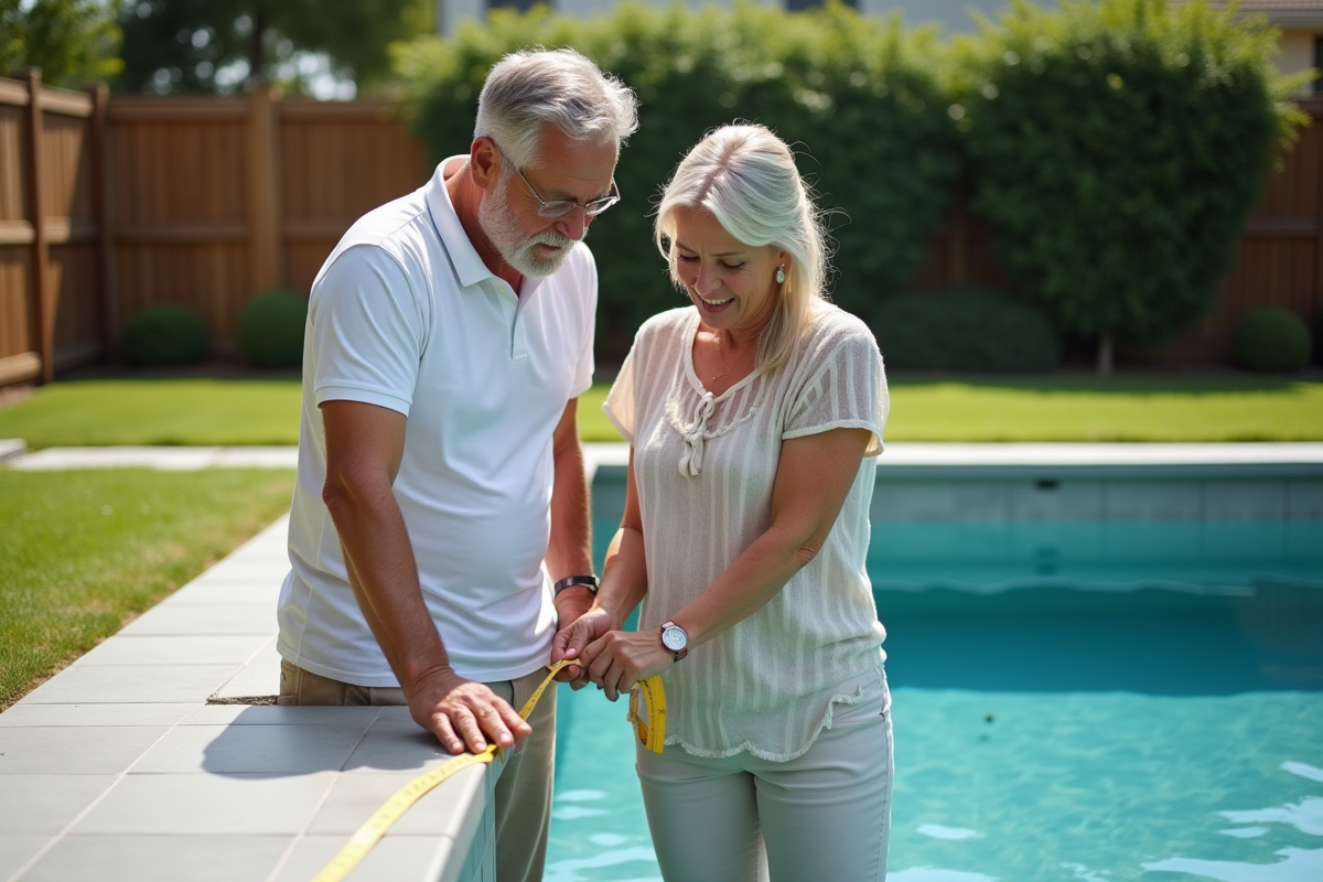 Couple en été mesurant une piscine moderne dans le jardin
