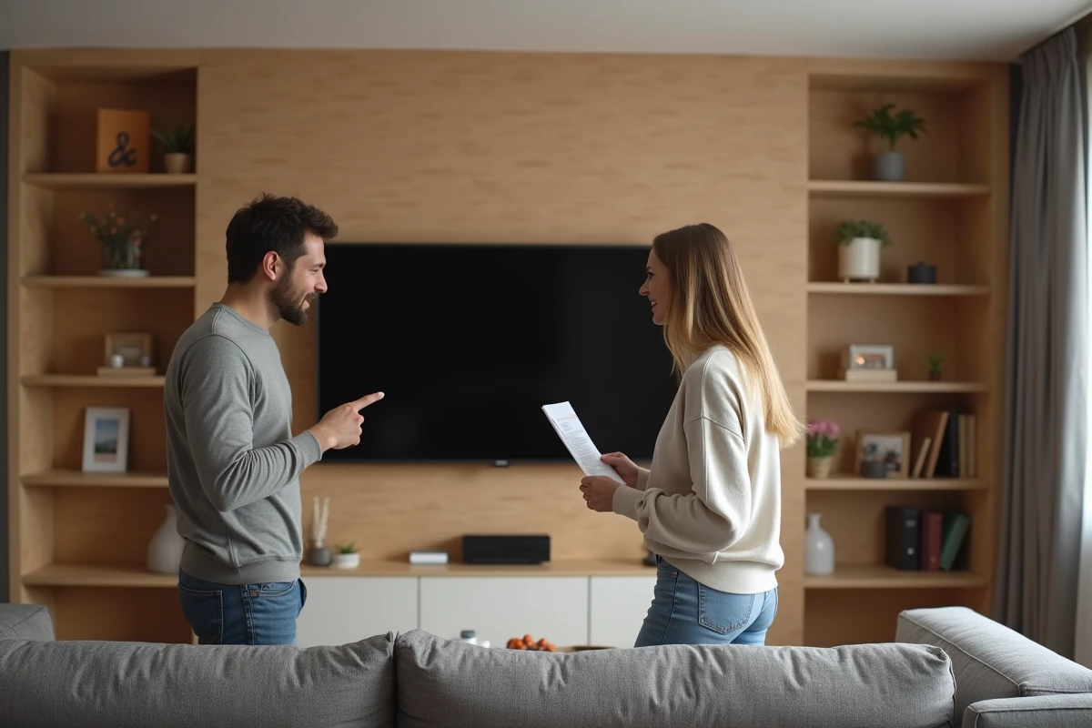 Couple examinant une télévision murale installée sur une cloison en placo BA13 dans un appartement moderne
