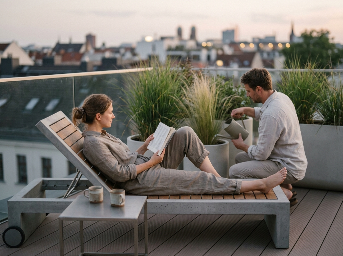 Couple détendu sur une terrasse urbaine moderne avec vue sur les toits, l'un lisant et l'autre s'occupant de plantes ornementales
