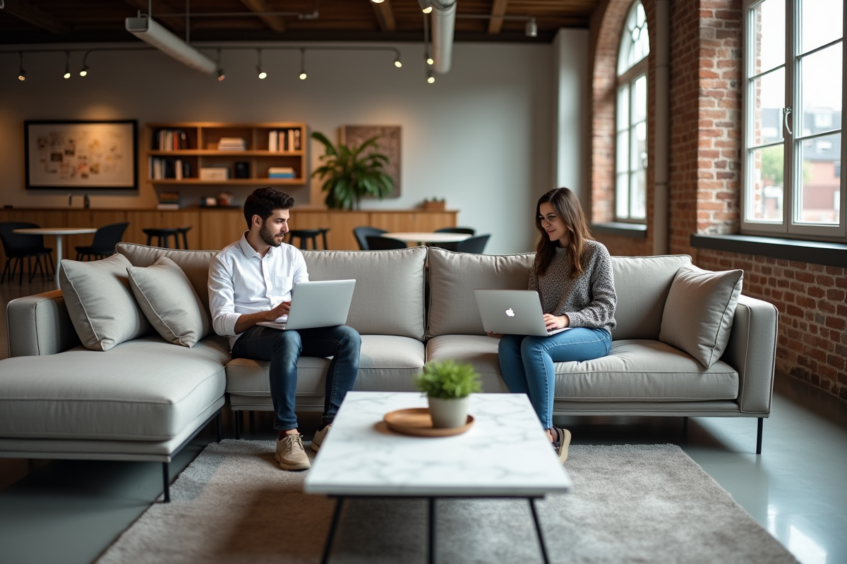 Jeune couple travaillant sur canapé dans un loft lumineux