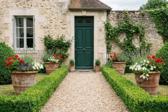 Cour avant aménagée avec allée en gravier, haies de buis et pots fleuris devant une maison avec porte verte