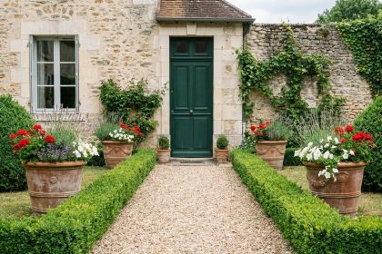 Cour avant aménagée avec allée en gravier, haies de buis et pots fleuris devant une maison avec porte verte