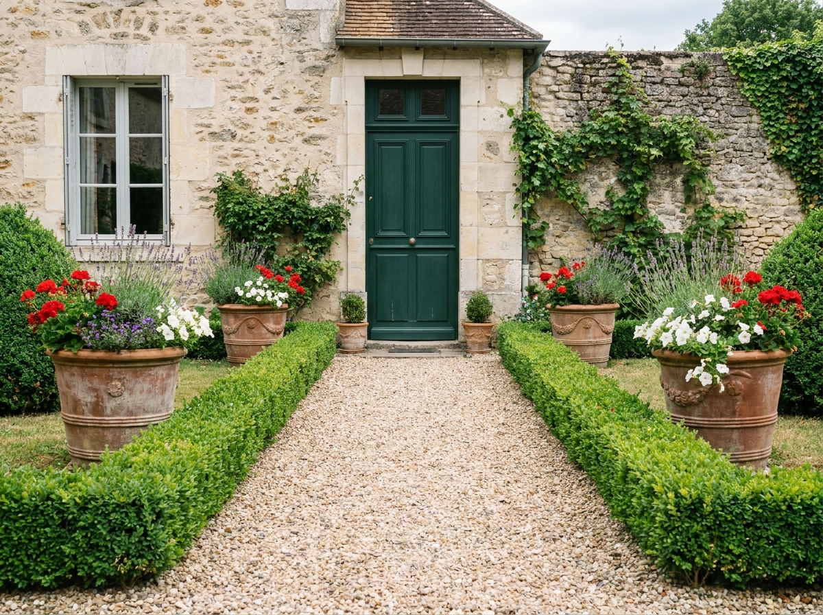 Cour avant aménagée avec allée en gravier, haies de buis et pots fleuris devant une maison avec porte verte