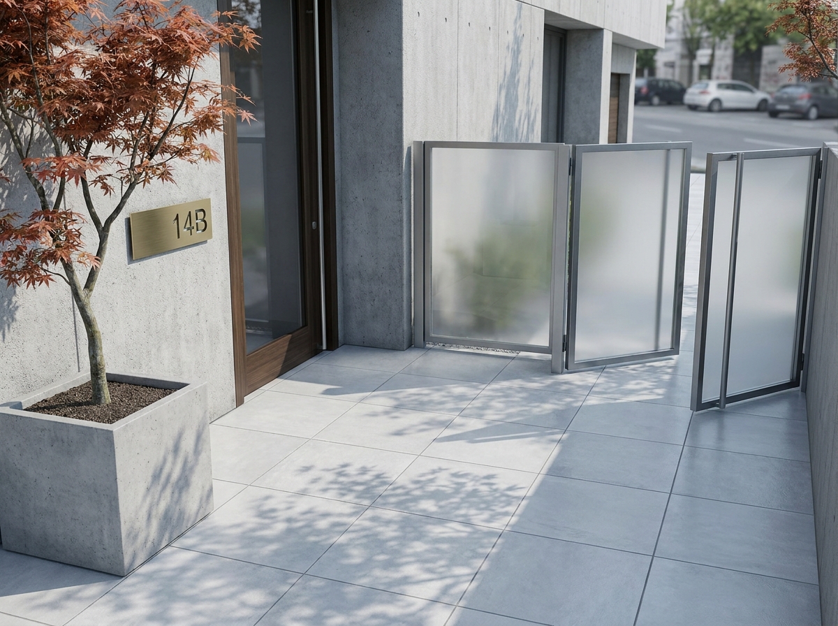 Cour d'entrée moderne avec dallage en grès cérame, portail en acier et érable japonais dans un bac en béton