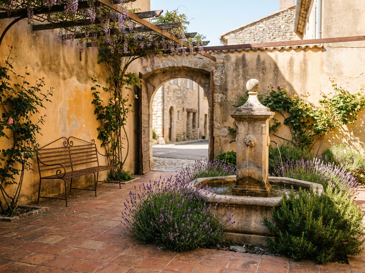 Cour intérieure de style provençal avec fontaine en pierre, lavandes, pergola en bois et sol en tommettes