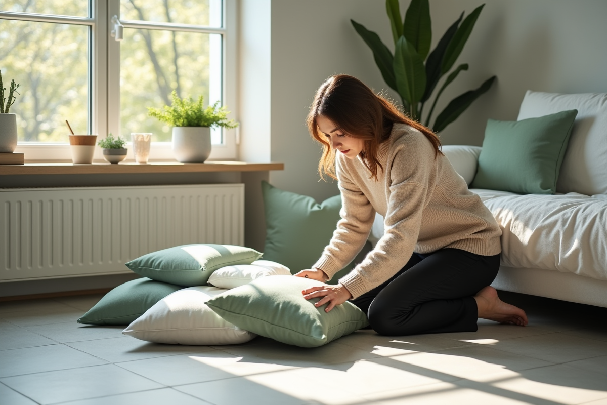 Femme arrangeant des coussins dans un salon nordique