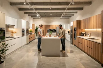 Showroom de cuisinistes dans le Loiret avec plusieurs modèles exposés et un couple en train de visiter