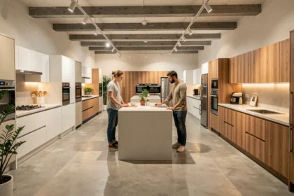 Showroom de cuisinistes dans le Loiret avec plusieurs modèles exposés et un couple en train de visiter