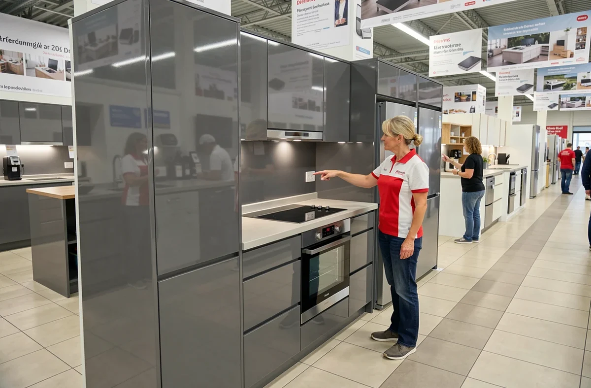 Rayon cuisines équipées Darty à Olivet avec un vendeur conseillant une cliente devant un modèle anthracite