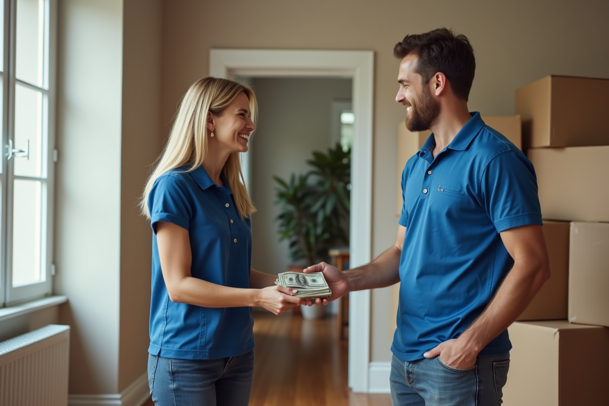Deux déménageurs souriants reçoivent un paiement d'une femme dans un couloir